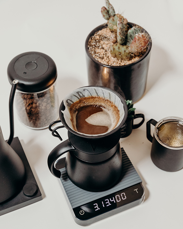 filter coffee pot on a weighing scale
